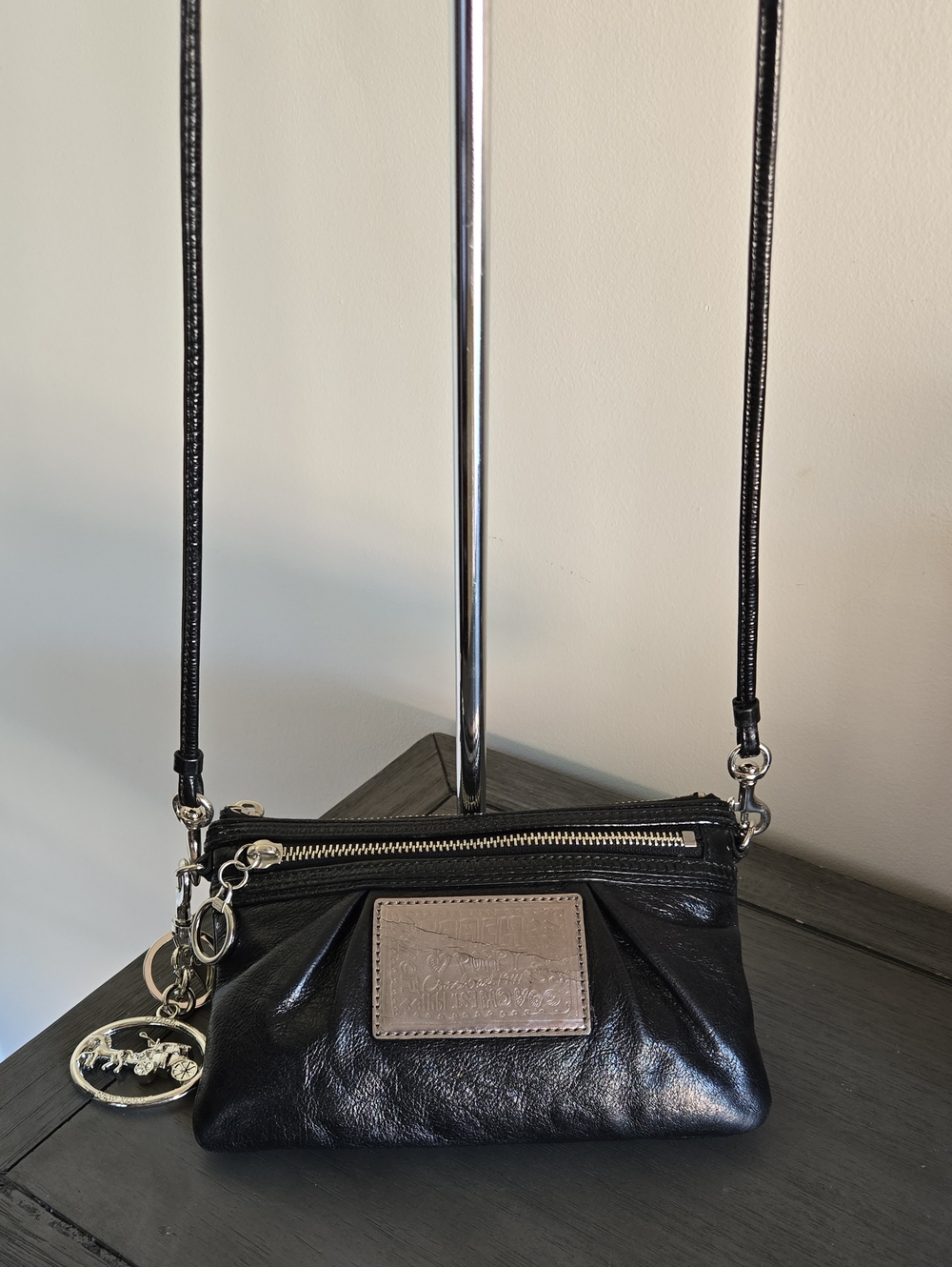 Black Leather Coach Poppy Crossbody with Silver Coach Bag Charm